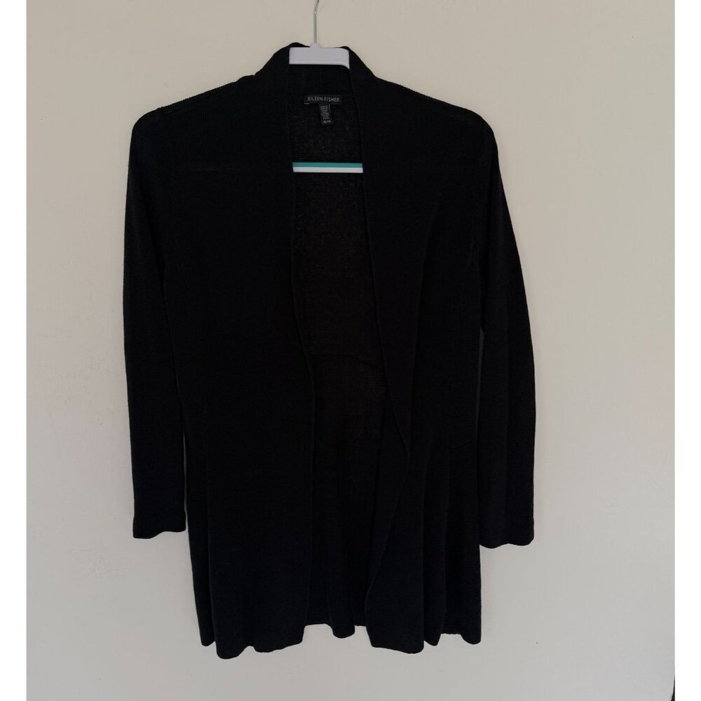 Eileen Fisher Black Open Cardigan Sweater XS Organic Linen Nylon Italian Yarn